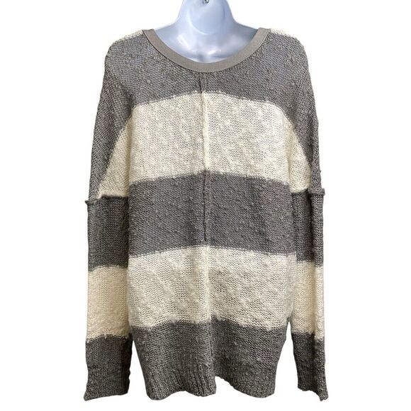 Elan Womens Cream Gray Striped Sweater Size L Slouchy Oversized Boho Lagom - Picture 2 of 13